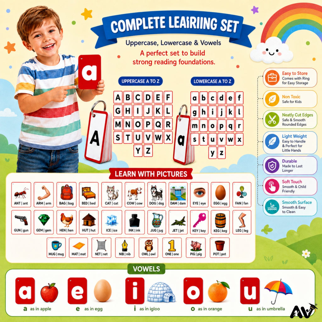 ENGLISH FLASHCARDS- English Alphabet  Uppercase & Lowercase Letters Aa to Zz with 2  pictures of three-letter words & English vowels (aeiou).