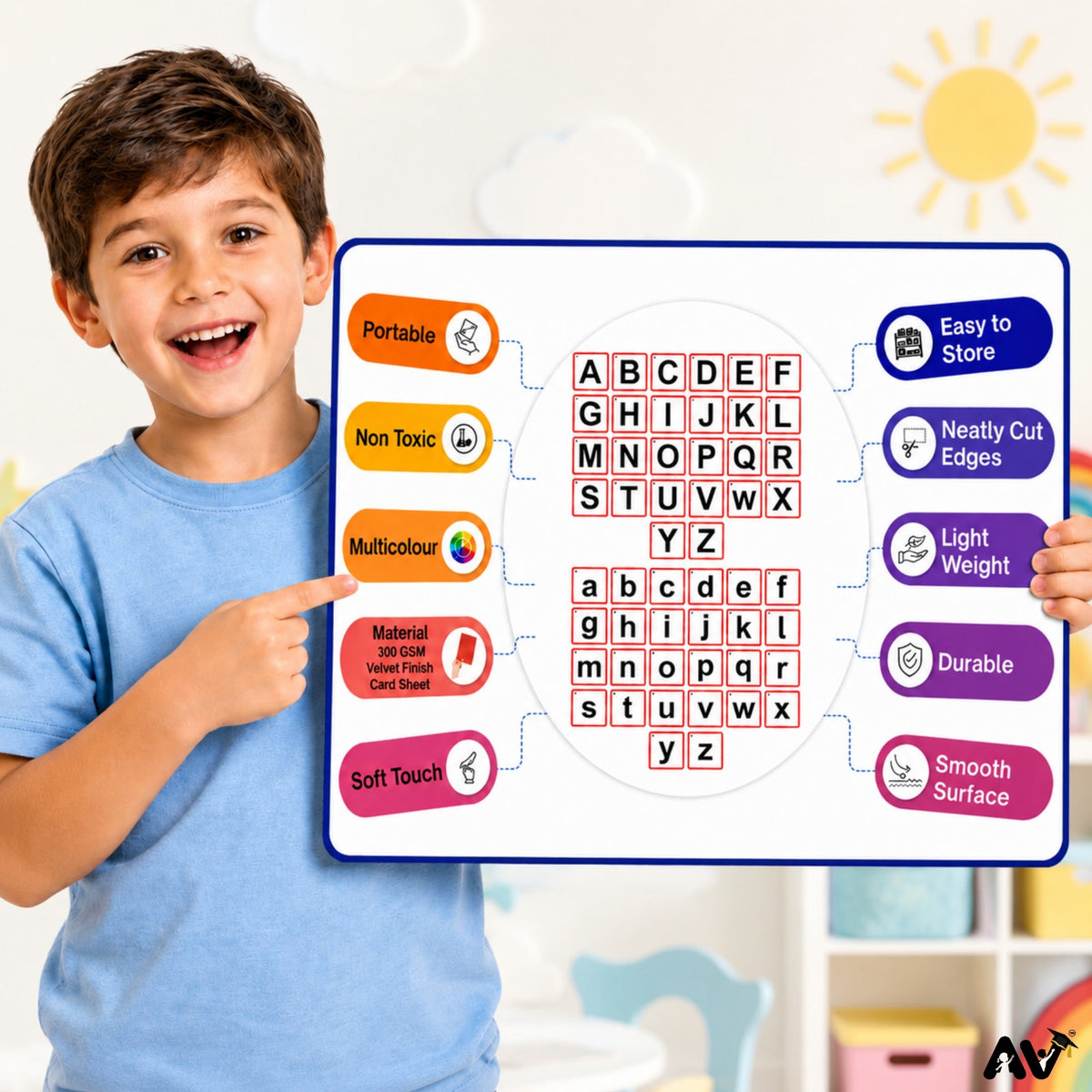 English Alphabet Flash Cards A-Z & a-z with Vowels A E I O U, 57 Cards, 300 GSM Laminated, 4 x 2.6 Inch, Educational Learning Cards for Kids