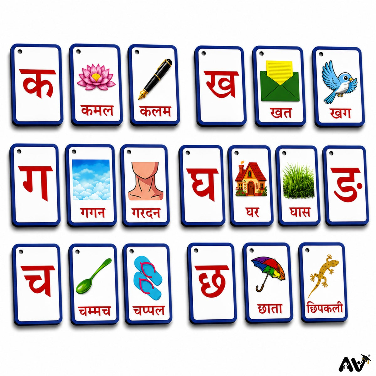 हिंदी  फ्लैशकार्ड- हिंदी वर्णमाला स्वर अ से अ: एवं व्यंजन क  से ढ़ दो चित्रों  के साथ + 12 मात्राएँ