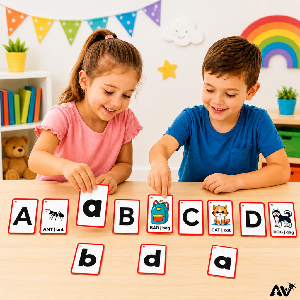 ENGLISH FLASHCARDS- English Alphabet  Uppercase & Lowercase Letters Aa to Zz with 2  pictures of three-letter words & English vowels (aeiou).