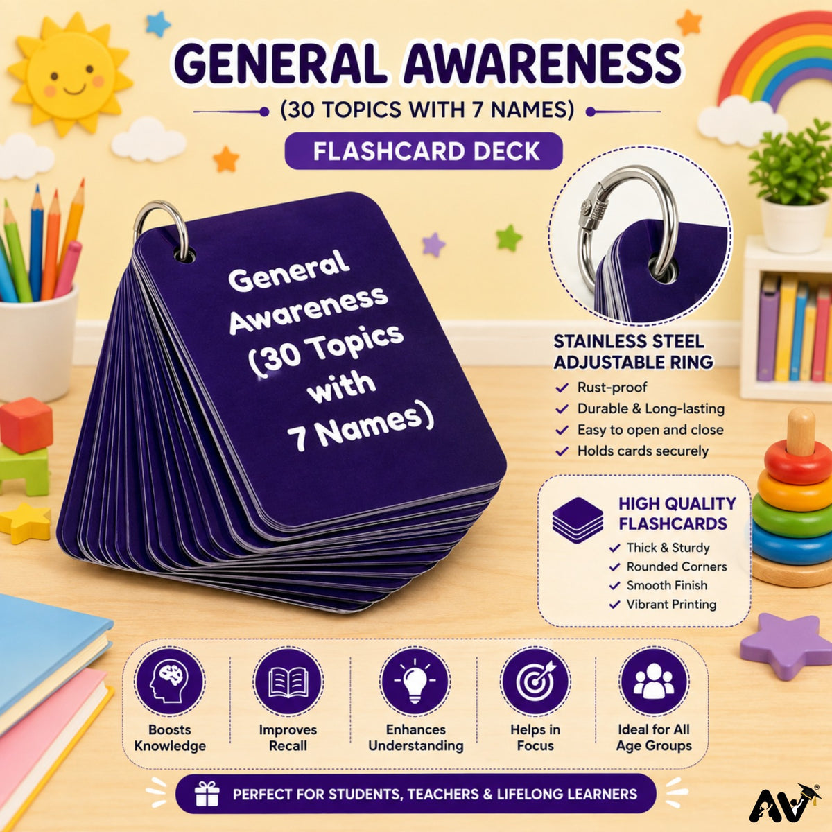 GENERAL KNOWLEDGE FLASHCARDS -  Part 3: 30 topics, 7 Names of each topic. (Colours,  Shapes, Action Words, Parts of face, Body Parts,  Stationery, Fruits, Vegetables)