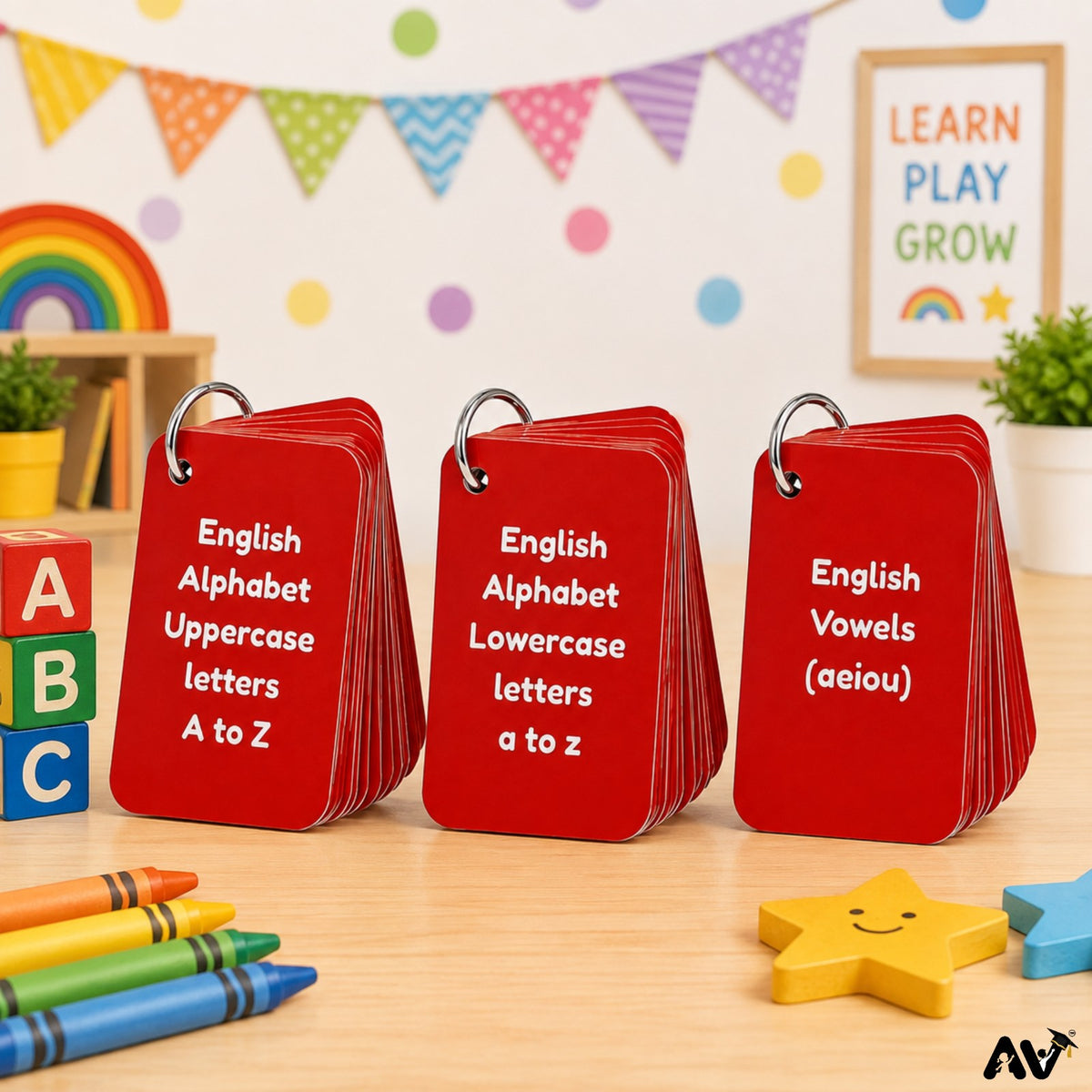 English Alphabet Flash Cards A-Z & a-z with Vowels A E I O U, 57 Cards, 300 GSM Laminated, 4 x 2.6 Inch, Educational Learning Cards for Kids