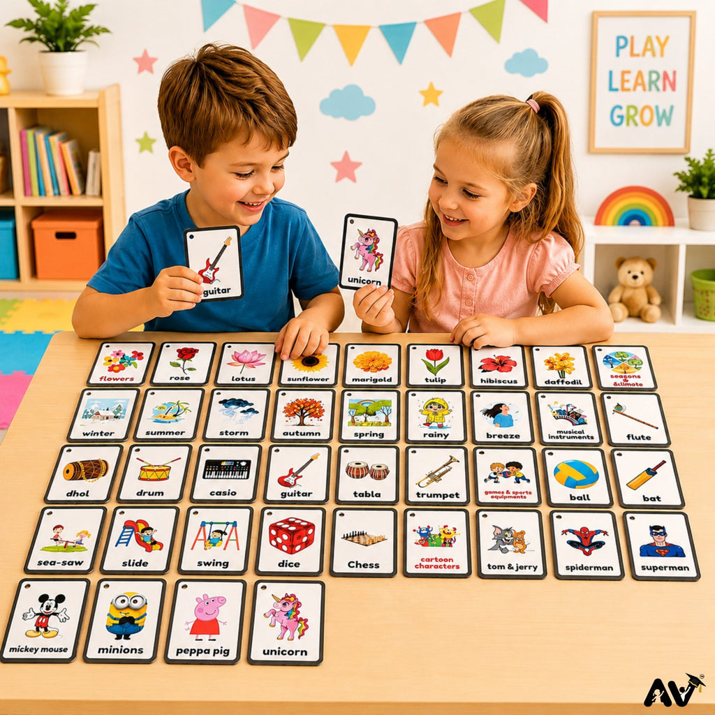 GENERAL KNOWLEDGE FLASHCARDS -  Part 3: 30 topics, 7 Names of each topic. (Colours,  Shapes, Action Words, Parts of face, Body Parts,  Stationery, Fruits, Vegetables)