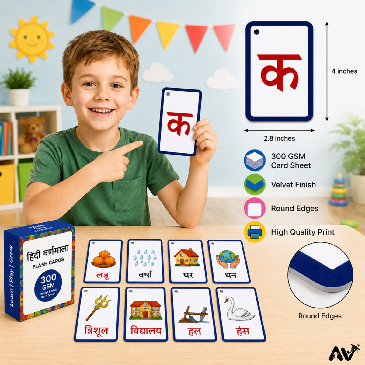 हिंदी  फ्लैशकार्ड- हिंदी वर्णमाला स्वर अ से अ: एवं व्यंजन क  से ढ़ दो चित्रों  के साथ + 12 मात्राएँ
