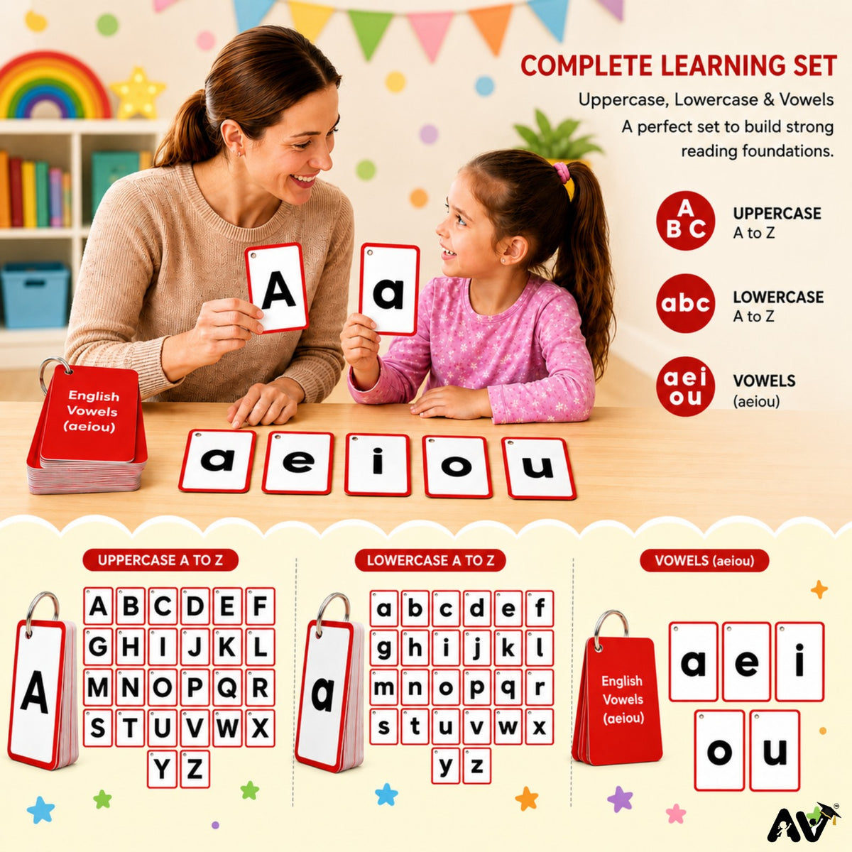 English Alphabet Flash Cards A-Z & a-z with Vowels A E I O U, 57 Cards, 300 GSM Laminated, 4 x 2.6 Inch, Educational Learning Cards for Kids