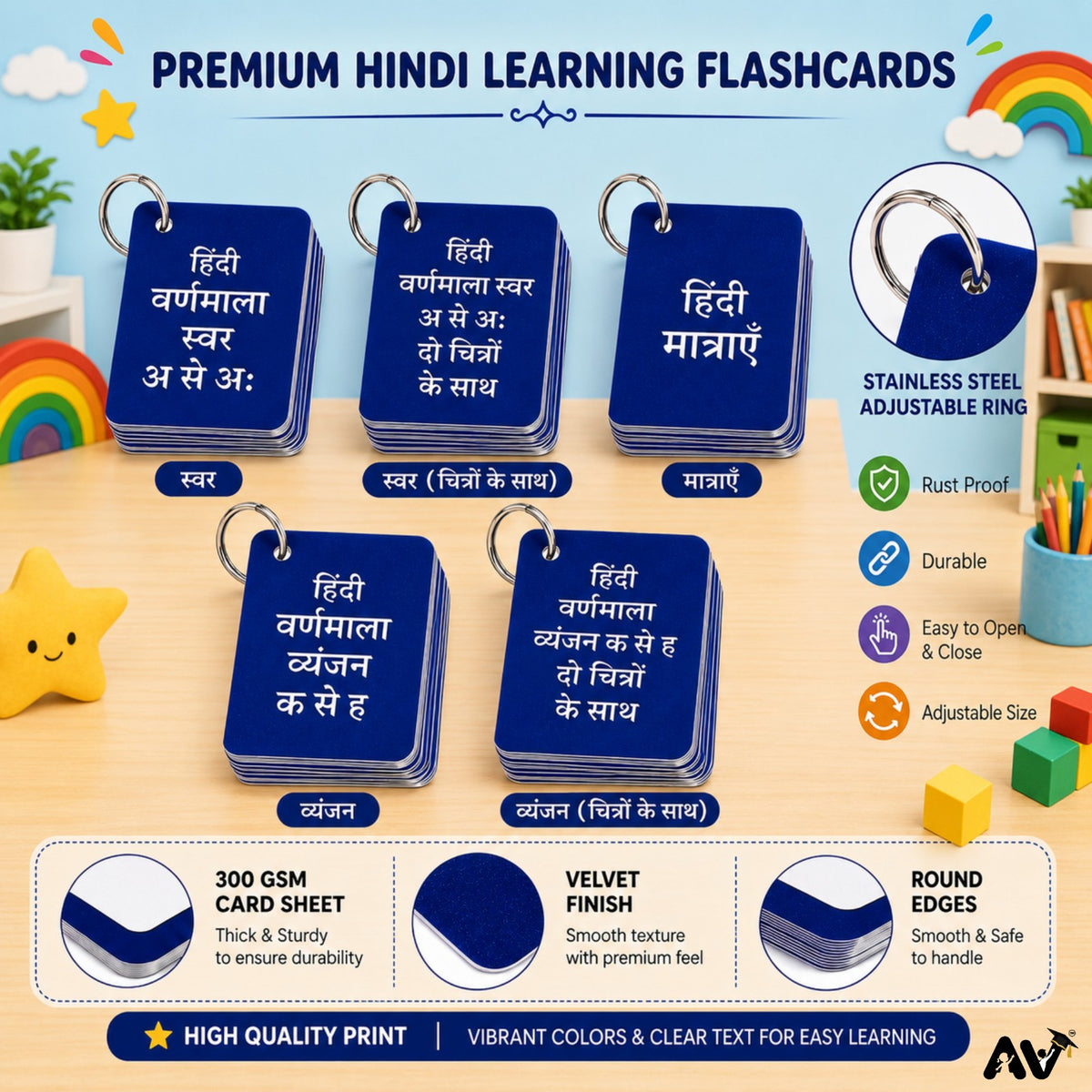 हिंदी  फ्लैशकार्ड- हिंदी वर्णमाला स्वर अ से अ: एवं व्यंजन क  से ढ़ दो चित्रों  के साथ + 12 मात्राएँ