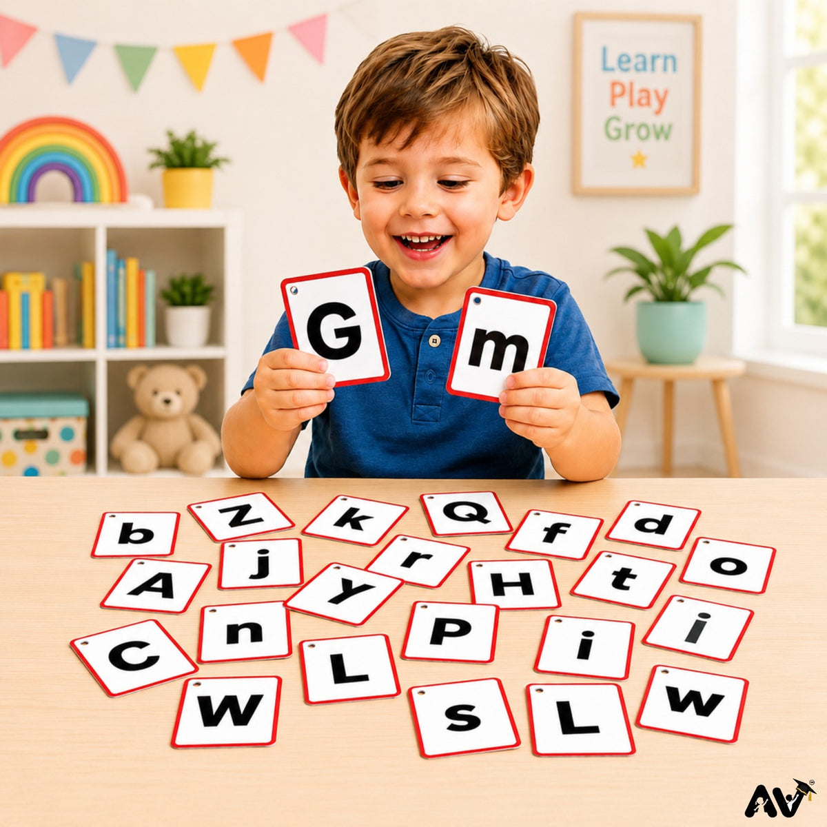 English Alphabet Flash Cards A-Z & a-z with Vowels A E I O U, 57 Cards, 300 GSM Laminated, 4 x 2.6 Inch, Educational Learning Cards for Kids