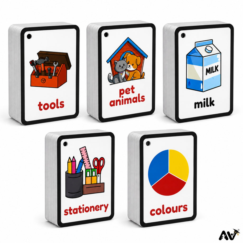 GENERAL KNOWLEDGE FLASHCARDS -  Part 3: 30 topics, 7 Names of each topic. (Colours,  Shapes, Action Words, Parts of face, Body Parts,  Stationery, Fruits, Vegetables)