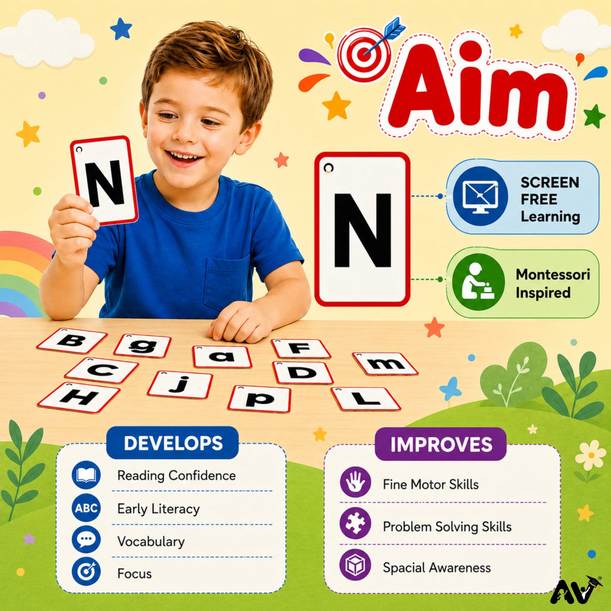 ENGLISH FLASHCARDS- English Alphabet  Uppercase & Lowercase Letters Aa to Zz with 2  pictures of three-letter words & English vowels (aeiou).