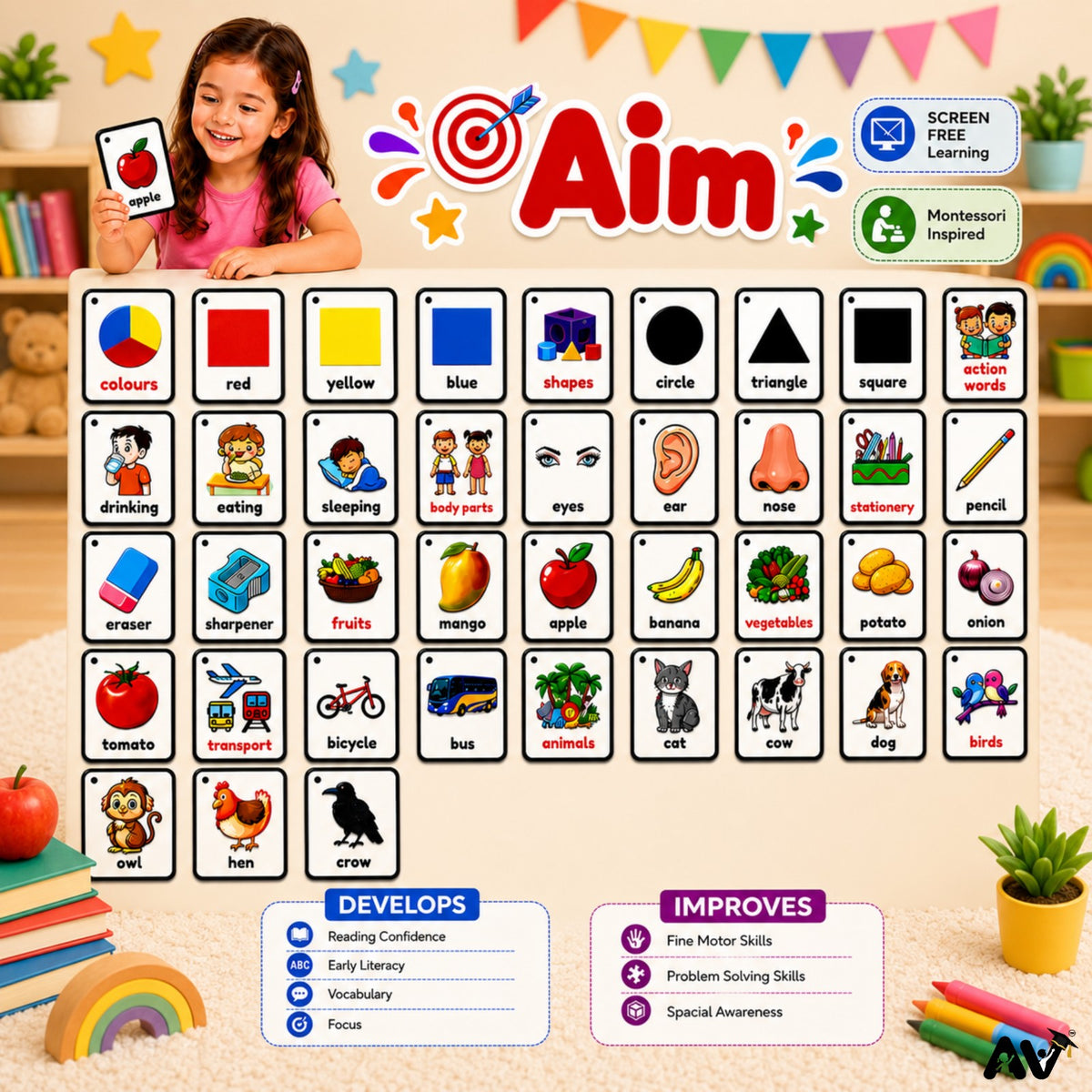 GENERAL KNOWLEDGE FLASHCARDS -  Part 3: 30 topics, 7 Names of each topic. (Colours,  Shapes, Action Words, Parts of face, Body Parts,  Stationery, Fruits, Vegetables)