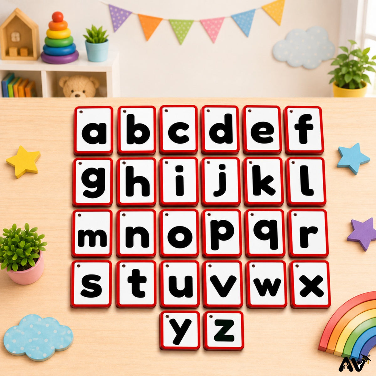 English Alphabet Flash Cards A-Z & a-z with Vowels A E I O U, 57 Cards, 300 GSM Laminated, 4 x 2.6 Inch, Educational Learning Cards for Kids