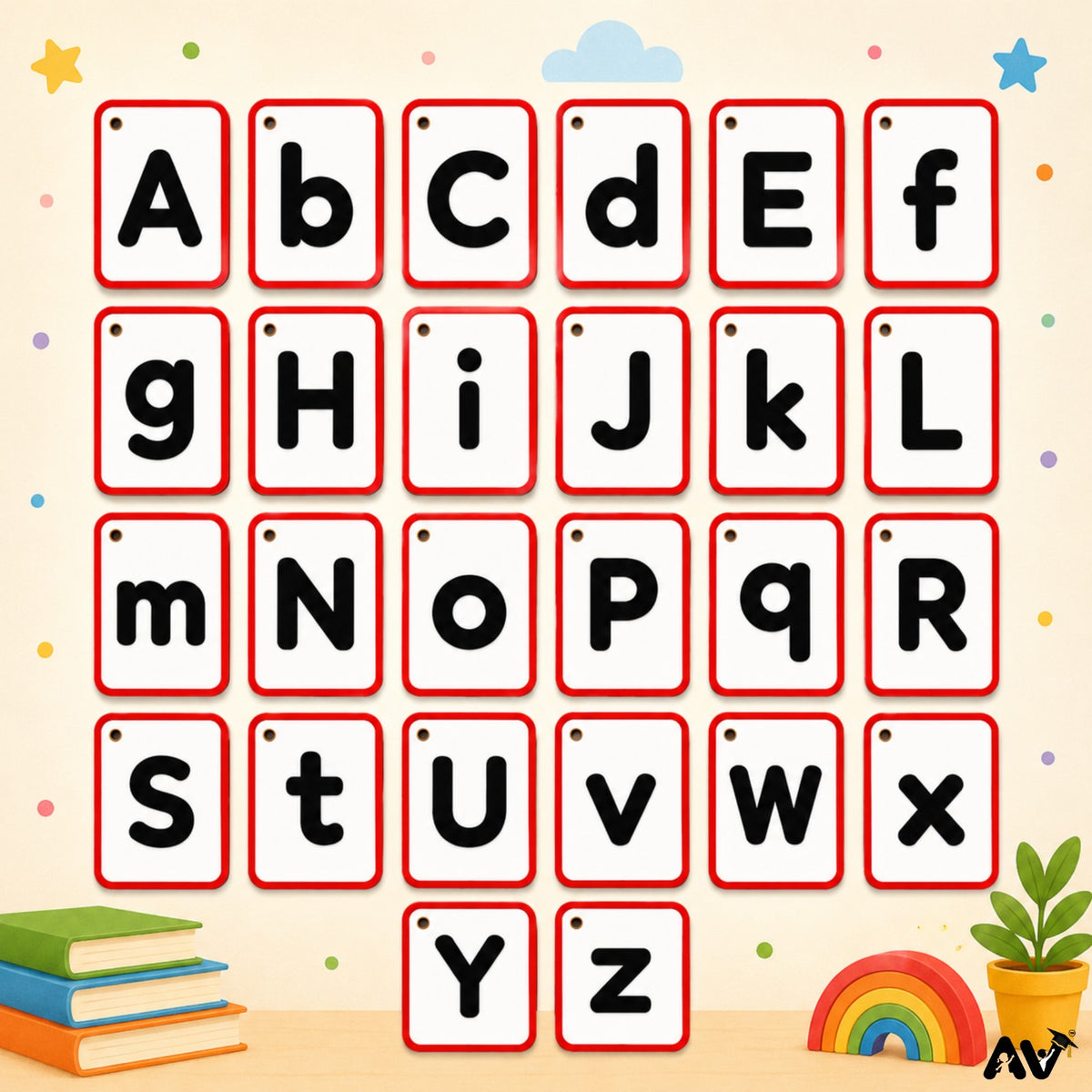 ENGLISH FLASHCARDS- English Alphabet  Uppercase & Lowercase Letters Aa to Zz with 2  pictures of three-letter words & English vowels (aeiou).