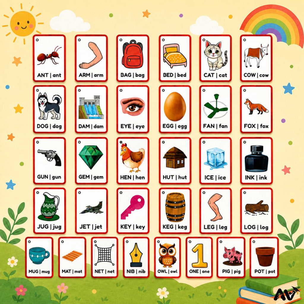 ENGLISH FLASHCARDS- English Alphabet  Uppercase & Lowercase Letters Aa to Zz with 2  pictures of three-letter words & English vowels (aeiou).