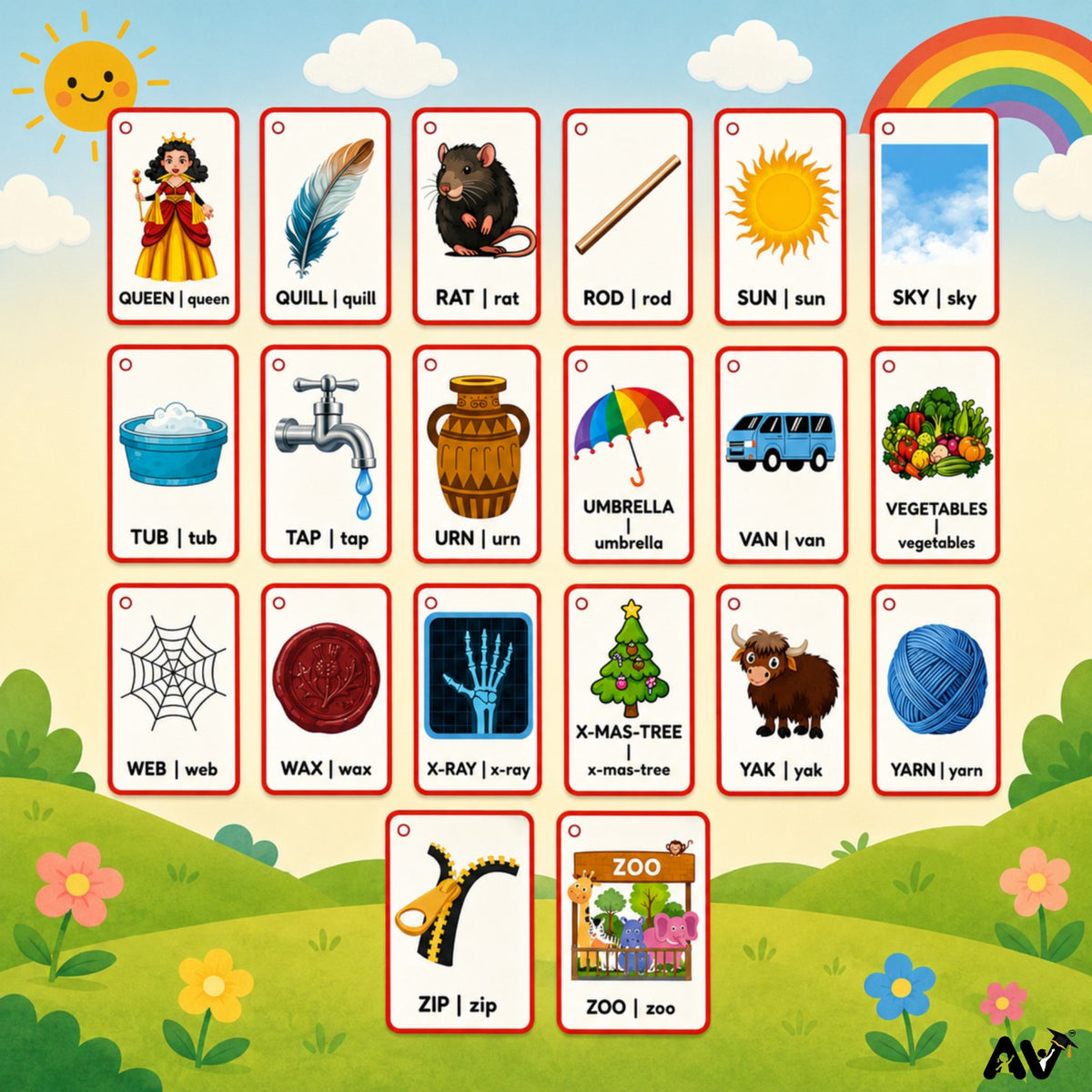 ENGLISH FLASHCARDS- English Alphabet  Uppercase & Lowercase Letters Aa to Zz with 2  pictures of three-letter words & English vowels (aeiou).