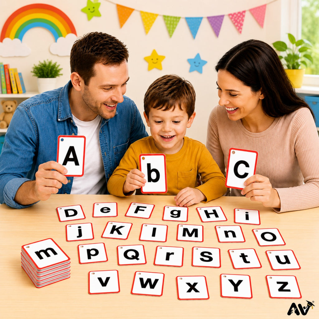 English Alphabet Flash Cards A-Z & a-z with Vowels A E I O U, 57 Cards, 300 GSM Laminated, 4 x 2.6 Inch, Educational Learning Cards for Kids