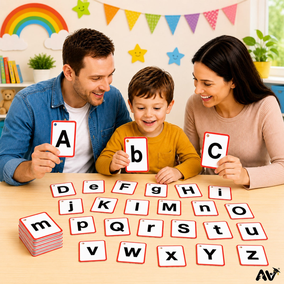 English Alphabet Flash Cards A-Z & a-z with Vowels A E I O U, 57 Cards, 300 GSM Laminated, 4 x 2.6 Inch, Educational Learning Cards for Kids