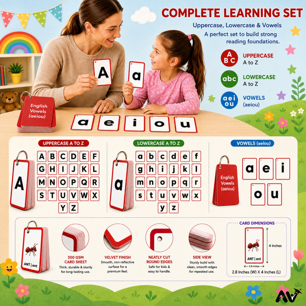 ENGLISH FLASHCARDS- English Alphabet  Uppercase & Lowercase Letters Aa to Zz with 2  pictures of three-letter words & English vowels (aeiou).