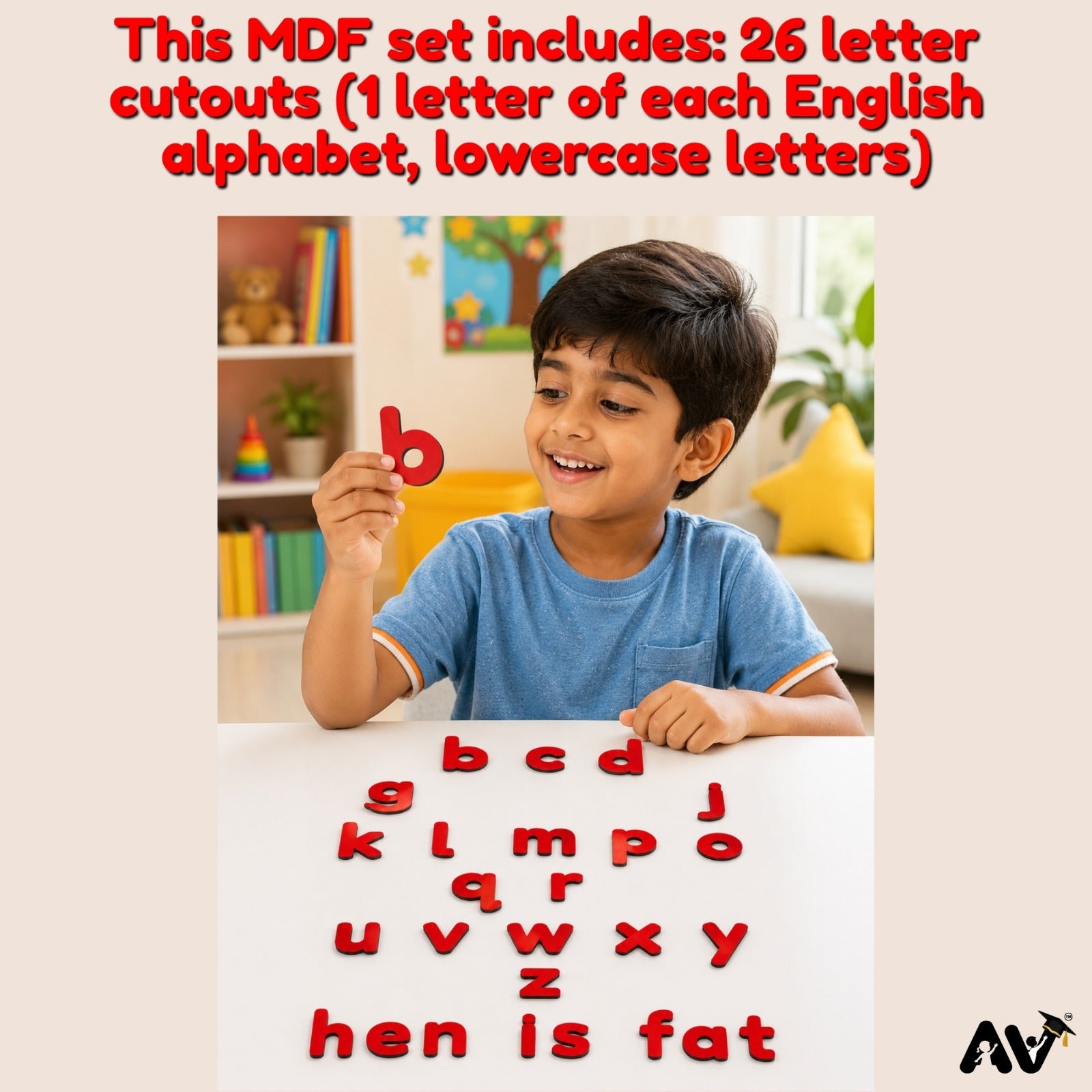 Wooden English Alphabet Lowercase Letters a-z Cutout Set of 26, Red