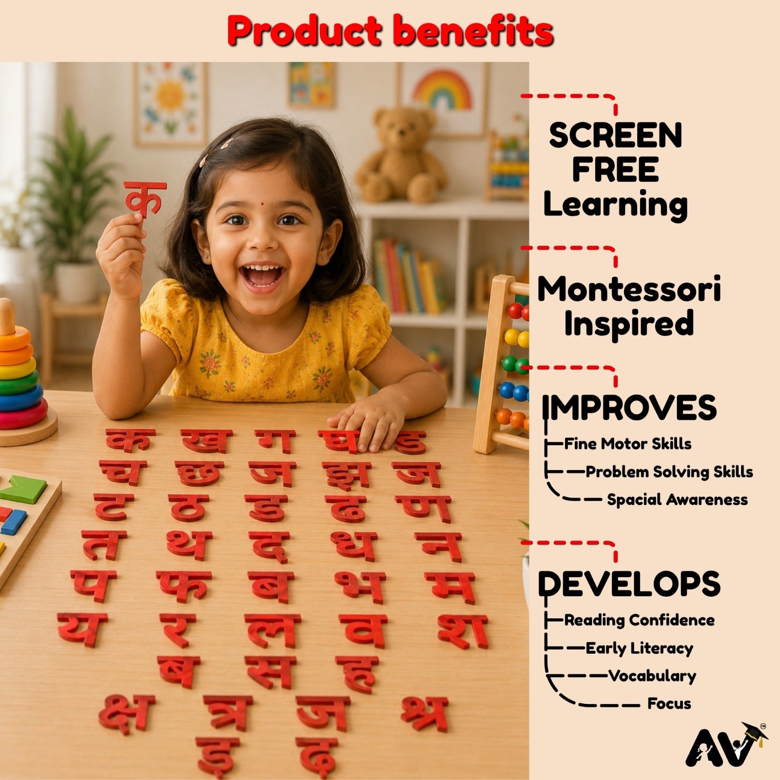 Hindi Varnmala Swar-Vyanjan, Matra & Aadhe Akshar Cutout Set (123pc), Red